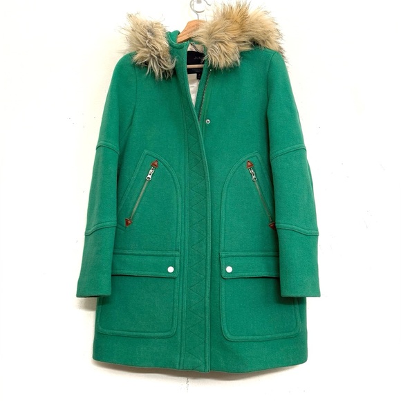 J. Crew Chateau Parka Italian Wool Stadium Cloth Faux Fur Hooded Coat Green Sz 4 - Picture 6 of 16